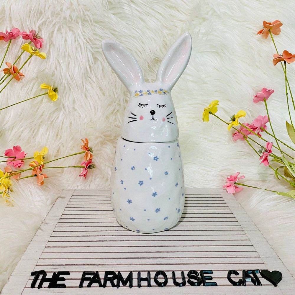 Easter Spring Floral Dimply Ceramic Bunny Canister Jar Home Decor Storage
